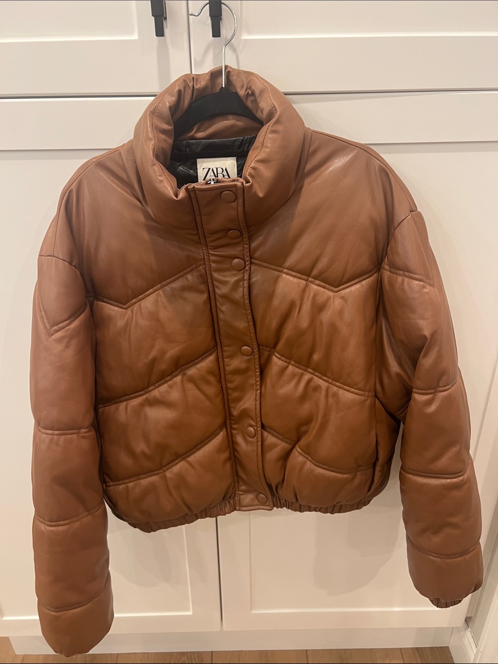 Zara Brown Quilted Faux-Leather Puffer Jacket